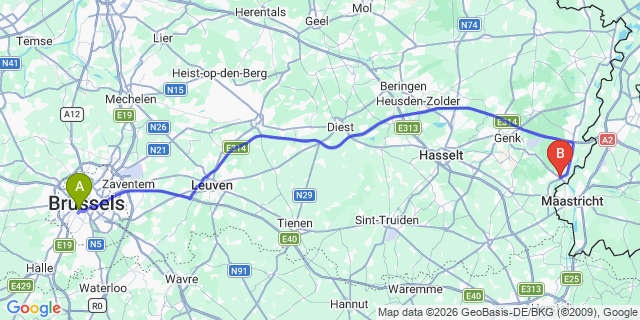 Map: Brussels Midi Train Station to Lanaken