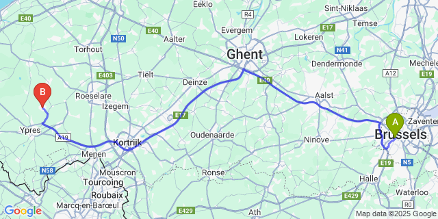 Map: Brussels Midi Train Station to Langemark