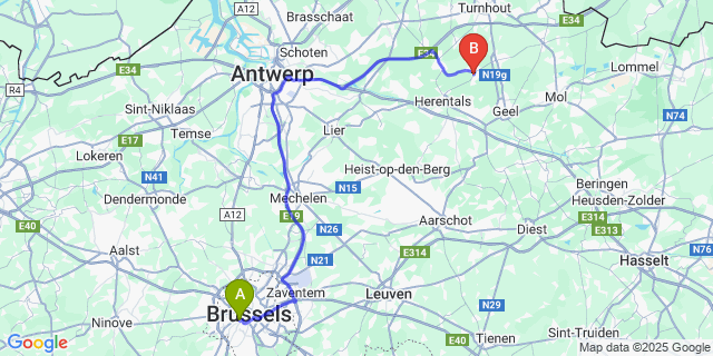 Map: Brussels Midi Train Station to Lichtaart