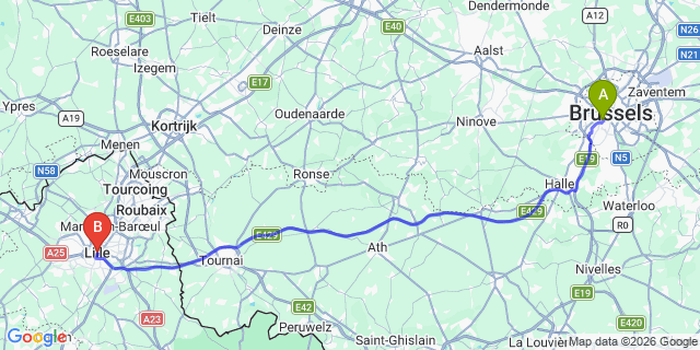 Map: Brussels Midi Train Station to Lille (France)