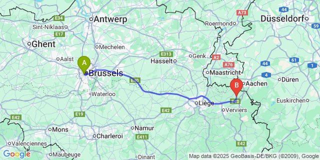 Map: Brussels Midi Train Station to Lontzen