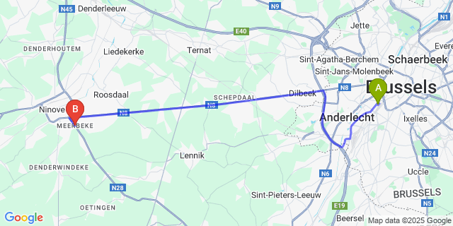Map: Brussels Midi Train Station to Meerbeke