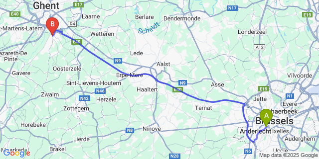 Map: Brussels Midi Train Station to Merelbeke