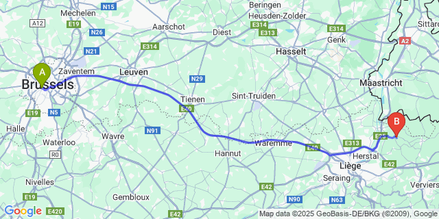 Map: Brussels Midi Train Station to Mortroux