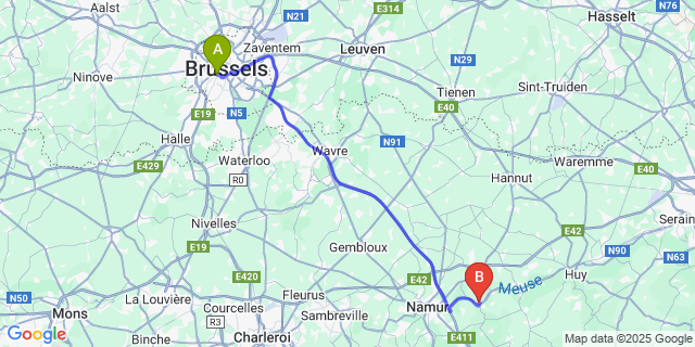 Map: Brussels Midi Train Station to Nameche