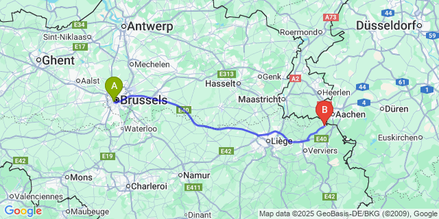Map: Brussels Midi Train Station to Neu-Moresnet