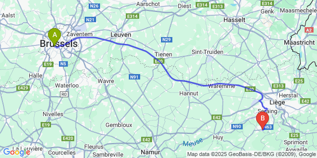 Map: Brussels Midi Train Station to Neupré