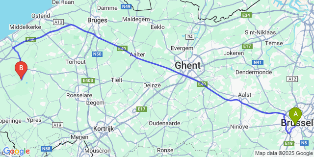 Map: Brussels Midi Train Station to Nieuwkapelle