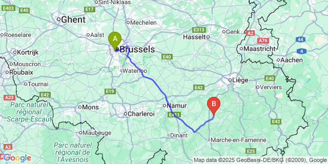 Map: Brussels Midi Train Station to Ocquier