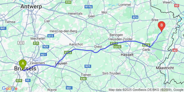 Map: Brussels Midi Train Station to Opoeteren