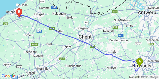 Map: Brussels Midi Train Station to Oudenburg