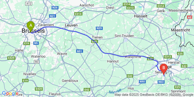 Map: Brussels Midi Train Station to Ougrée