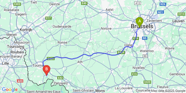 Map: Brussels Midi Train Station to Peronnes-lez-Antoing