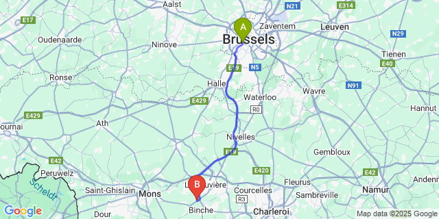 Map: Brussels Midi Train Station to Peronnes-lez-Binche
