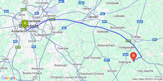 Map: Brussels Midi Train Station to Pietrain