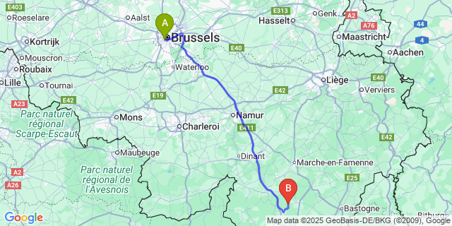 Map: Brussels Midi Train Station to Poix-Saint-Hubert