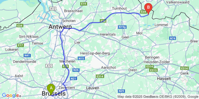 Map: Brussels Midi Train Station to Postel