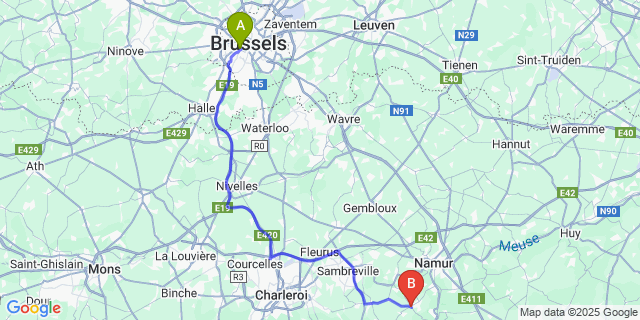 Map: Brussels Midi Train Station to Profondeville