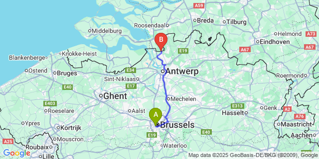 Map: Brussels Midi Train Station to Putte-Kapellen