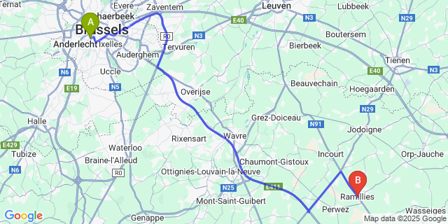 Map: Brussels Midi Train Station to Ramillies