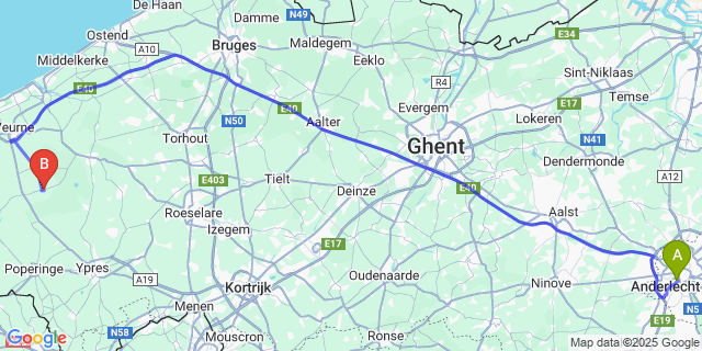 Map: Brussels Midi Train Station to Reninge