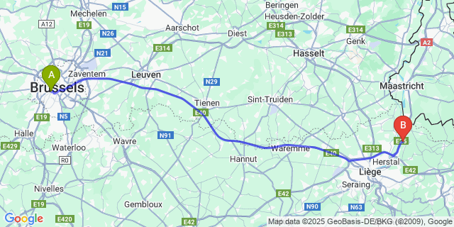 Map: Brussels Midi Train Station to Richelle