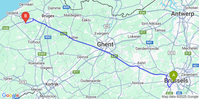 Map: Brussels Midi Train Station to Roksem