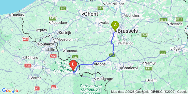 Map: Brussels Midi Train Station to Saint-Saulve