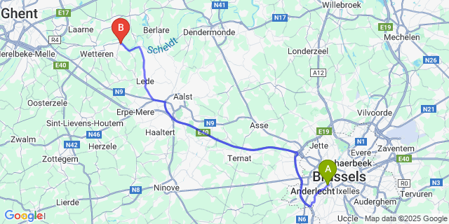 Map: Brussels Midi Train Station to Schellebelle