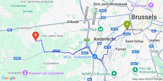 Map: Brussels Midi Train Station to Sint-Gertrudis-Pede