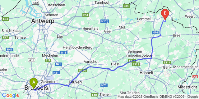 Map: Brussels Midi Train Station to Sint-Huibrechts-Lille