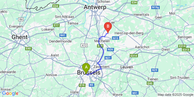 Map: Brussels Midi Train Station to Sint-Katelijne-Waver