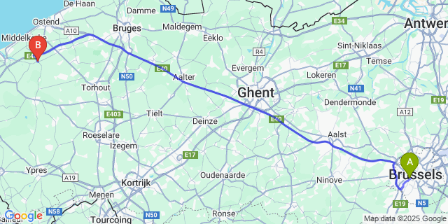 Map: Brussels Midi Train Station to Sint-Pieters-Kapelle