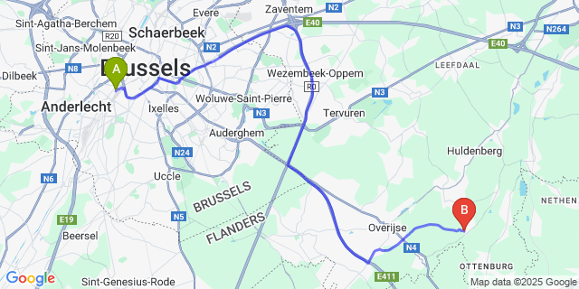 Map: Brussels Midi Train Station to Terlanen