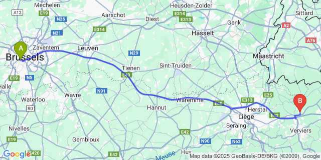 Map: Brussels Midi Train Station to Thimister