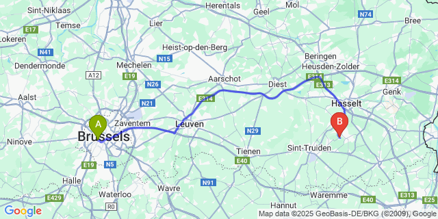 Map: Brussels Midi Train Station to Ulbeek