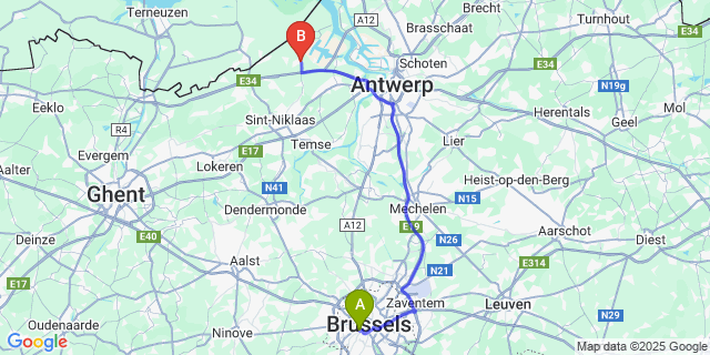 Map: Brussels Midi Train Station to Verrebroek