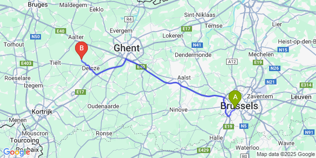 Map: Brussels Midi Train Station to Vinkt