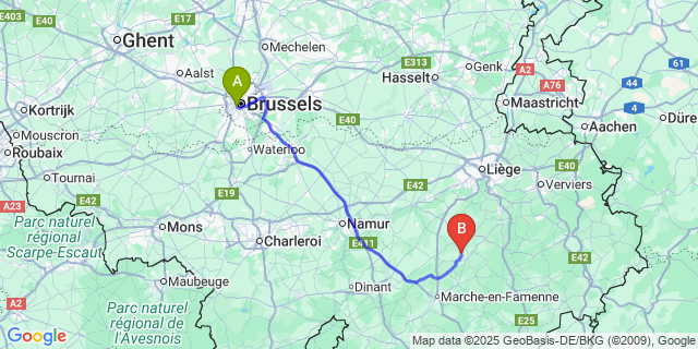 Map: Brussels Midi Train Station to Warre