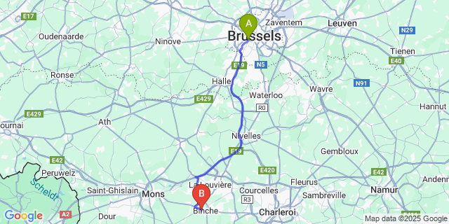 Map: Brussels Midi Train Station to Waudrez