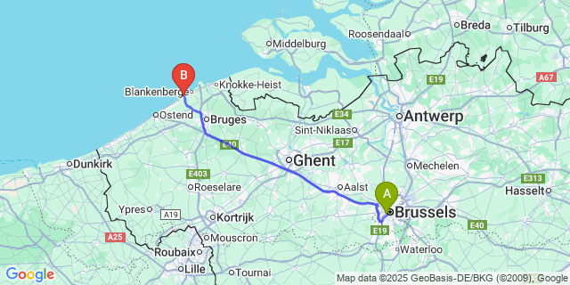 Map: Brussels Midi Train Station to Wenduine