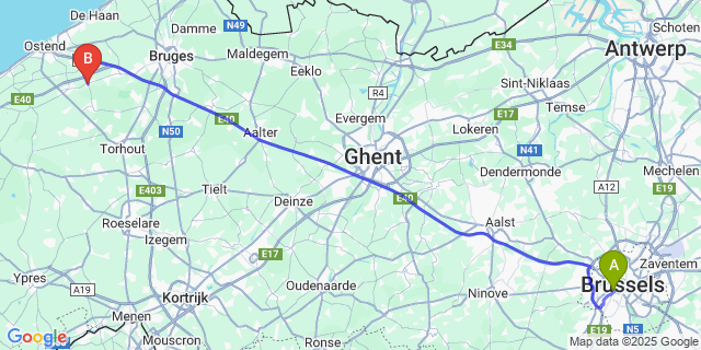 Map: Brussels Midi Train Station to Westkerke