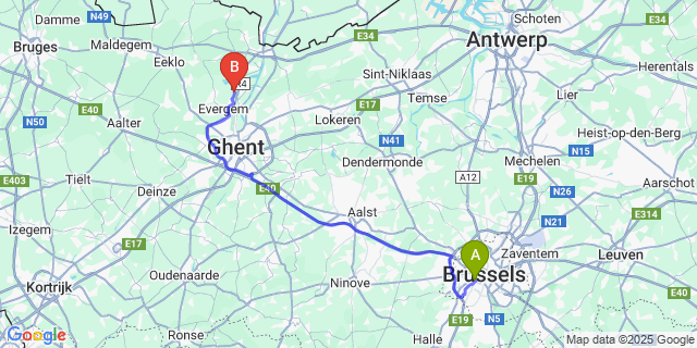 Map: Brussels Midi Train Station to Wippelgem