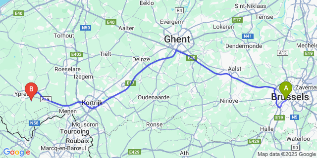 Map: Brussels Midi Train Station to Zillebeke