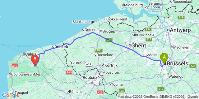 Map: Brussels Midi Train Station to Zouafques