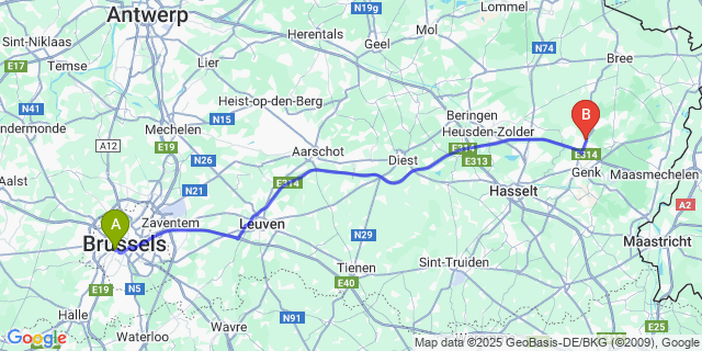 Map: Brussels Midi Train Station to Zwartberg