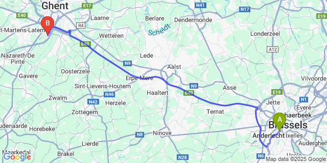 Map: Brussels Midi Train Station to Zwijnaarde