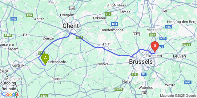 Map: Brussels Zaventem Airport (BRU) to Gijzelbrechtegem