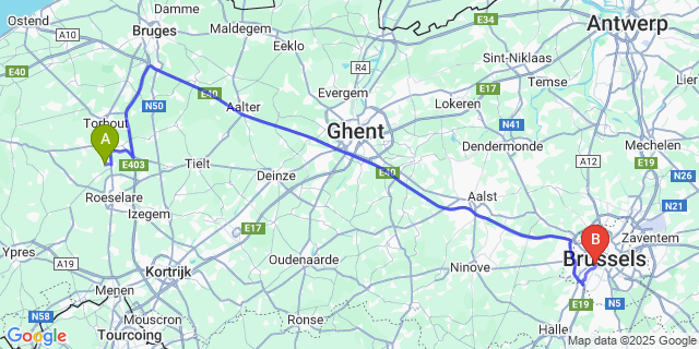 Map: Brussels Midi Train Station to Gits