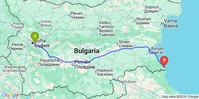Map: Sofia Airport (SOF) to Sinemorets